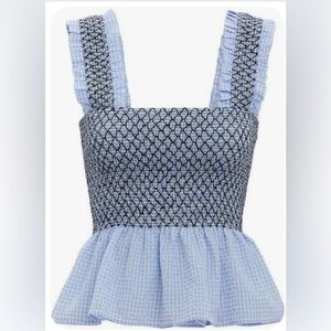 Ganni Blue Charron Smocked Peplum Tank Top Blue Shirred Plaid Gingham Stretch